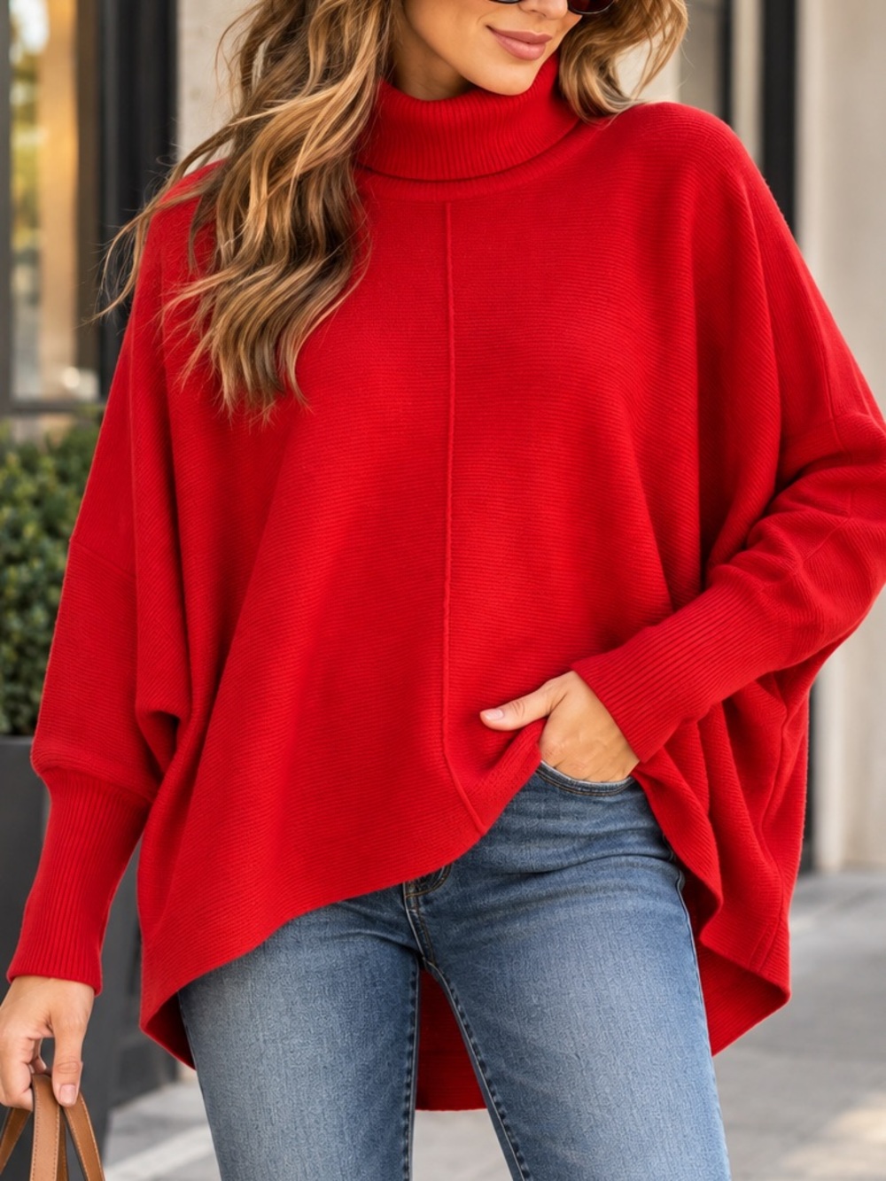 Cupio Red Dolman Batwing Turtleneck Oversized High Low Sweater M